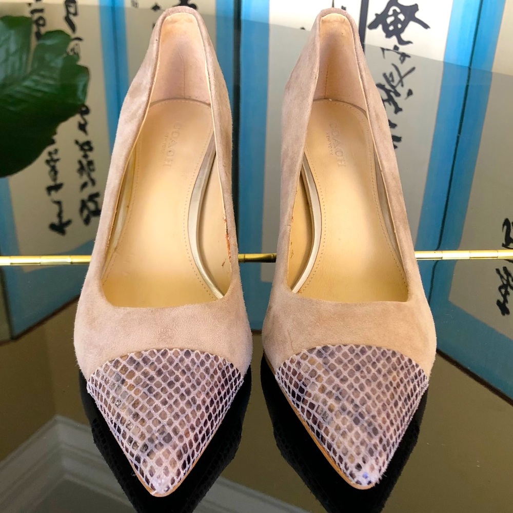 Coach Tan/Taupe Suede and Python pumps. Size 7.5 B